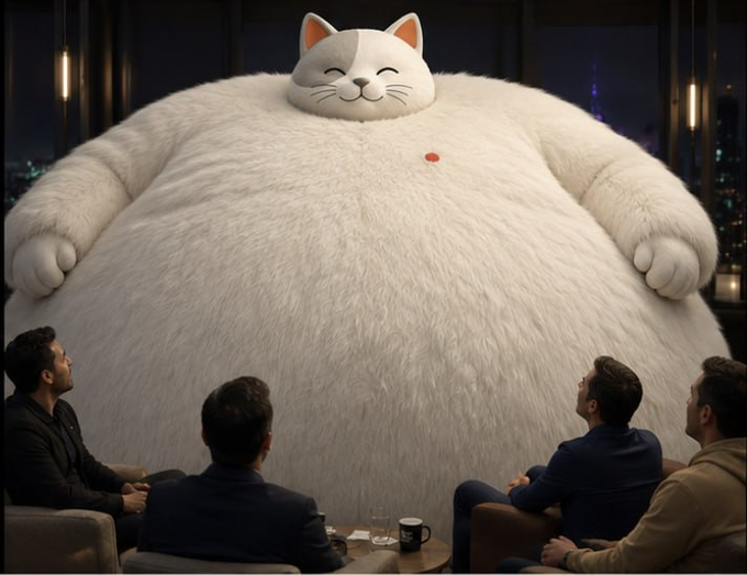 A surreal, AI-generated image showing a group of four men sitting on couches in a circle, seemingly in a discussion or interview, while a massive, fluffy white cat-like creature with a single red dot on its chest towers over them in a nighttime city setting.