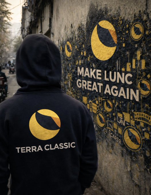 A hooded person wearing a black "Terra Classic" hoodie with the project logo stands before a street mural reading "MAKE LUNC GREAT AGAIN," visually reinforcing the post's message about the long-term (4-5 year) recovery outlook for LUNC and USTC following Vegas's departure and the ongoing TFL court proceedings.