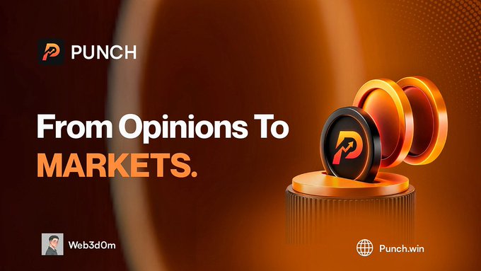 A promotional banner for Punch (Punch.win) featuring the slogan "From Opinions To MARKETS" alongside a 3D rendering of stacked orange and black discs branded with the Punch logo, visually illustrating the platform's concept of transforming predictions into tradable markets as referenced in the accompanying post.