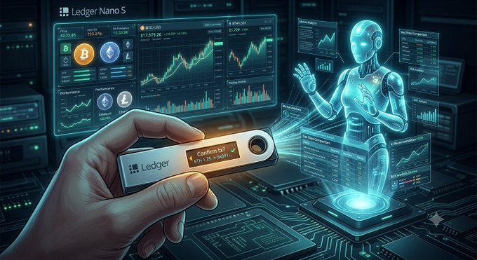 A hand holds a Ledger Nano S hardware wallet displaying 'Confirm?' in front of multiple cryptocurrency market screens, while a holographic humanoid figure gestures nearby.