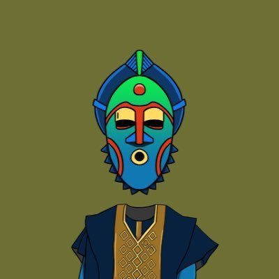 A cartoon character with a blue tribal mask, wearing a dark blue shirt and a patterned vest against a solid olive green background.