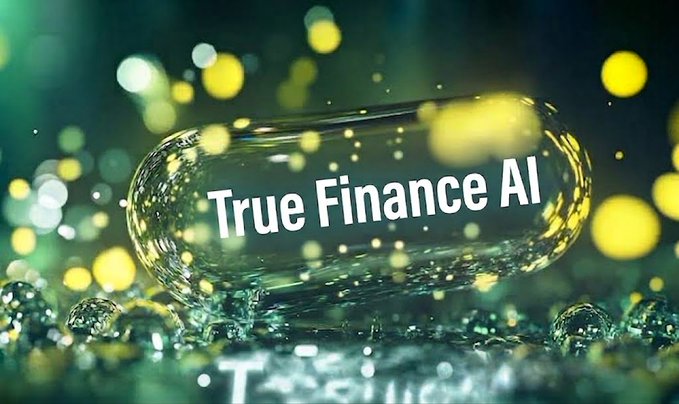 A glossy 3D-rendered graphic of a translucent capsule pill bearing the text 'True Finance AI', surrounded by glowing yellow and green bokeh particles on a dark background.