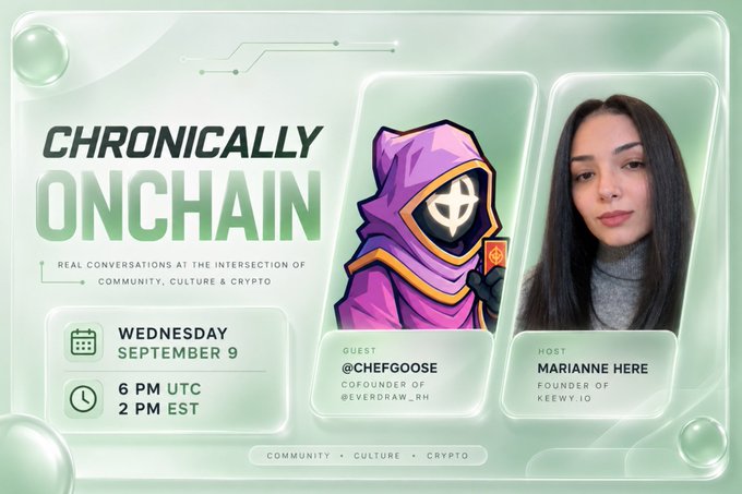 Promotional graphic for a "Chronically Onchain" Twitter Space featuring guest @chefgoose, cofounder of Everdraw_RPG, and host Marianne of Keewy.io, scheduled for Wednesday, September 9 at 6 PM UTC (2 PM EST), promoting a giveaway of 10 Everdraw_RPG whitelist spots for the community.