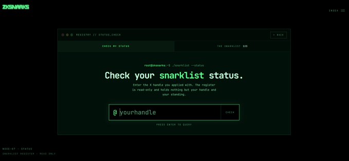 A dark-themed website interface with green text inviting users to 'Check your snarklist status' by entering an X handle.