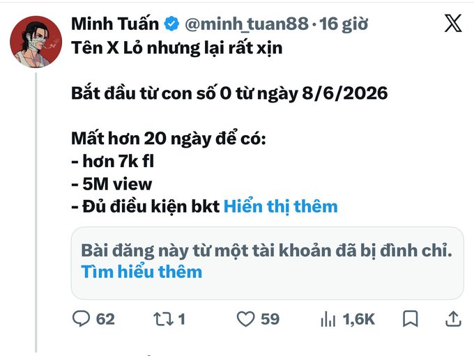 A tweet from Vietnamese user @minh_tuan88 titled "Tên X Lỏ nhưng lại rất xịn" announces a project starting from 0 on 8/6/2026, promising 7,000+ followers and 5M views in over 20 days, with the post originating from a suspended account. The caption reflects the post's sentiment about a promising X (Twitter) project being prematurely shut down despite having strong potential.