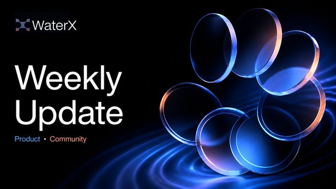 A 'WaterX Weekly Update' graphic featuring 'Product • Community' text alongside abstract blue and orange glowing rings on a dark background.