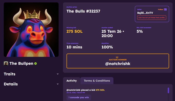 An NFT auction page for "The Bulls #32237" by The Bullpen, showing a winning bid of 275 SOL and an auction winner of @notchrishk, with an activity note stating "@notchrishk placed a bid 275 SOL" and "i concede you win".