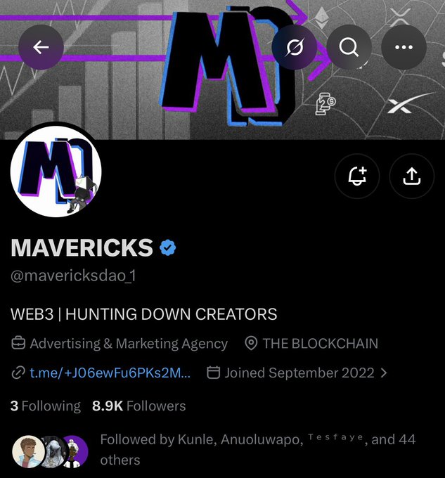 A Twitter/X profile page for 'MAVERICKS' (@mavericksdao_1), described as 'WEB3 | HUNTING DOWN CREATORS' and an 'Advertising & Marketing Agency,' with 8.9K followers.