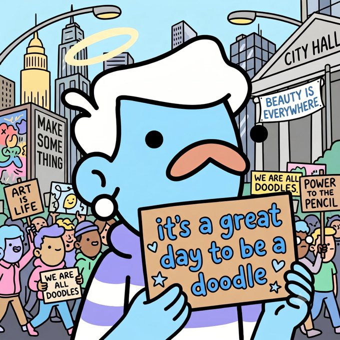 Colorful cartoon illustration of a blue character with white hair and a halo holding a sign reading 'it's a great day to be a doodle', surrounded by a diverse crowd of doodle protesters with signs like 'ART IS LIFE', 'POWER TO THE PENCIL', and 'WE ARE ALL DOODLES' in front of City Hall.
