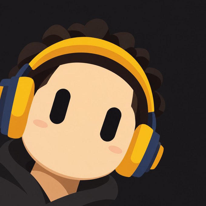 A minimalist digital illustration of a cartoon character with simple oval eyes, wearing large yellow and blue headphones against a dark background.