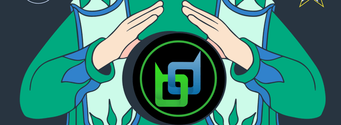 A cartoon-style logo featuring a green and white costumed figure with both hands framing a central circular black emblem containing a stylized green and blue 'bg' monogram.