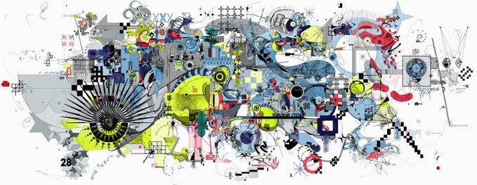 A chaotic, colorful digital collage featuring abstract shapes, mechanical parts, checkered patterns, and scattered numbers like "30" and "28" fits the description of a "Visual Manifesto" by artist @khwampa for the STILL WET opening at GalerieMet and objktcom. The dense, layered composition of scribbles, geometric forms, and vibrant accents visually embodies the raw, experimental energy suggested by a manifesto tied to a contemporary art exhibition.