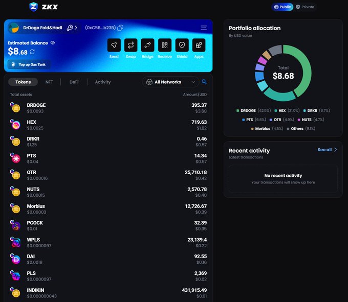 A cryptocurrency wallet dashboard labeled 'ZKX' showing a portfolio balance of $8.68 across multiple tokens including DRDGE, HEX, DRKR, PTS, OTR, and NUTS.