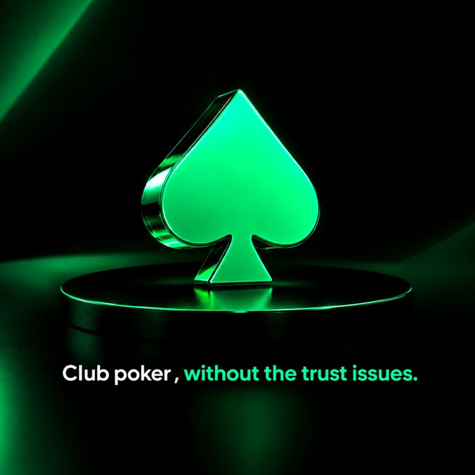 A 3D-rendered glowing green spade symbol resting on a black circular pedestal, with the tagline 'Club poker, without the trust issues.'
