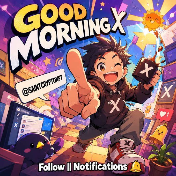 An anime-style promotional graphic with 'GOOD MORNING X' text, featuring a character pointing forward, a speech bubble reading '@SAINTCRYPTONFT', and 'Follow || Notifications' with a bell emoji at the bottom.