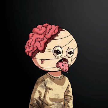 The image features a cartoon character with a bandage wrapped around its head, giving it a creepy appearance. The character has a tongue sticking out and appears to be wearing a brown shirt. The background of the image is black, which contrasts with the colorful cartoon figure. There are no texts or other objects in the image, making the focus solely on the character and its surroundings.