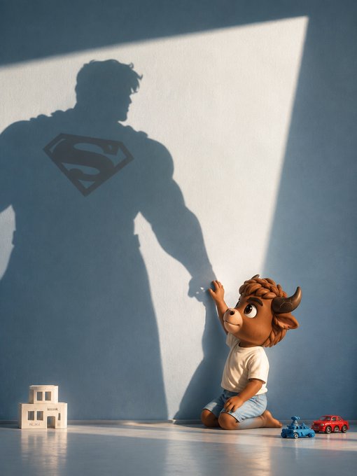 A Pixar-style illustration shows a small child with horns reaching toward a wall where his shadow transforms into Superman, featuring the iconic 'S' shield.