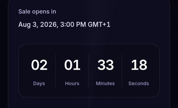 This image shows a countdown for the $KII Public Sale, which opens on Aug 3, 2026, at 3:00 PM GMT+1, with 02 days, 01 hours, 33 minutes, and 18 seconds remaining. The countdown visually emphasizes the urgency mentioned in the accompanying post to register before the opportunity is missed.