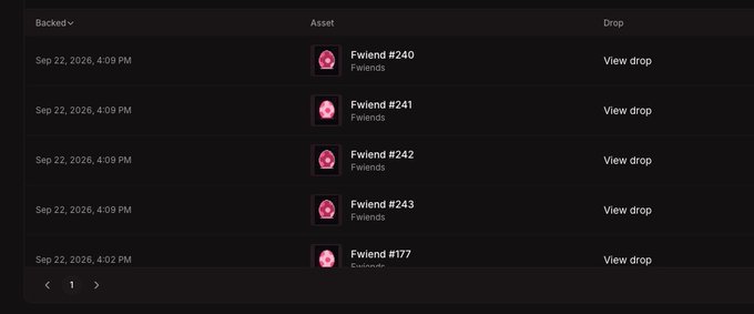 A dark-themed web interface showing a list of 'Backed' NFT drops on Fwiends, with entries for Fwiend #240, #241, #242, #243, and #177, all dated Sep 22, 2026, with 'View drop' links and pagination at the bottom.
