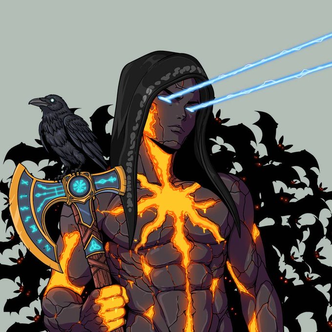 A hooded, rock-skinned warrior with glowing molten cracks, piercing blue laser eyes, and a black raven perched on an ornate axe stands ready amid shadowy figures with red eyes, channeling a powerful, battle-ready energy. The image visually amplifies the post's declaration of being "ready" for the imminent descent of forces, matching the ominous and defiant tone of "They're about to descend… I'm so ready."