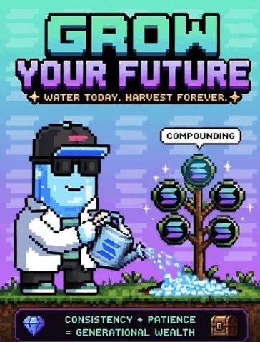 The image features a cartoon character, possibly a boy or a man, wearing sunglasses and holding a watering can while standing next to a tree with blue leaves. The text "Grow Your Future" is written above the character's head, and there are five blue circles on the poster that say "Water Today, Harvest Forever", which could be interpreted as an investment strategy for financial growth.

The post also mentions the importance of consistency and patience in investing, suggesting that the cartoon character might represent a wise investor who consistently puts money into their investments over time to see long-term gains. The image's focus on the character and his actions can serve as a visual reminder or inspiration for those looking to invest their money wisely and patiently.