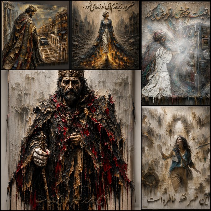 A collage of five textured, expressionist-style paintings depicting regal, distressed, or magical historical figures, with Arabic/Persian script across several panels.
