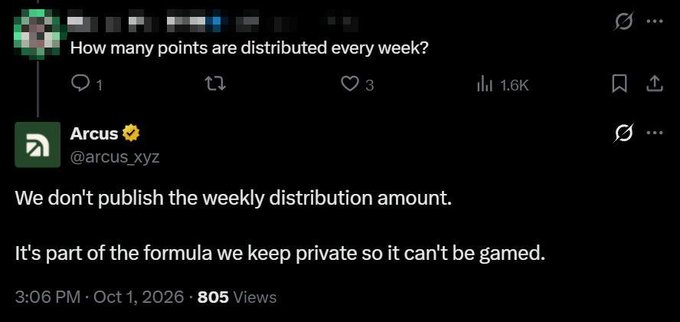 A social media post where user @arcus_xyz responds to 'How many points are distributed every week?' with 'We don't publish the weekly distribution amount. It's part of the formula we keep private so it can't be gamed.'