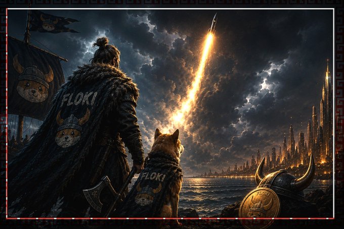 An epic digital illustration of a Viking warrior and dog labeled "FLOKI" watching a flaming projectile streak across a stormy sky toward a distant city.