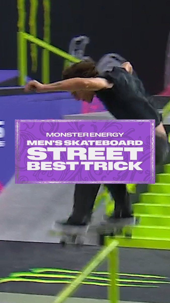 A skateboarder mid-trick at a competition, with a purple graphic overlay reading "MONSTER ENERGY MEN'S SKATEBOARD STREET BEST TRICK."