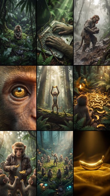 Collage of fantasy-style images featuring monkeys in jungle settings, including one in a jacket with bananas, eyes with reflections, and a glowing golden banana.