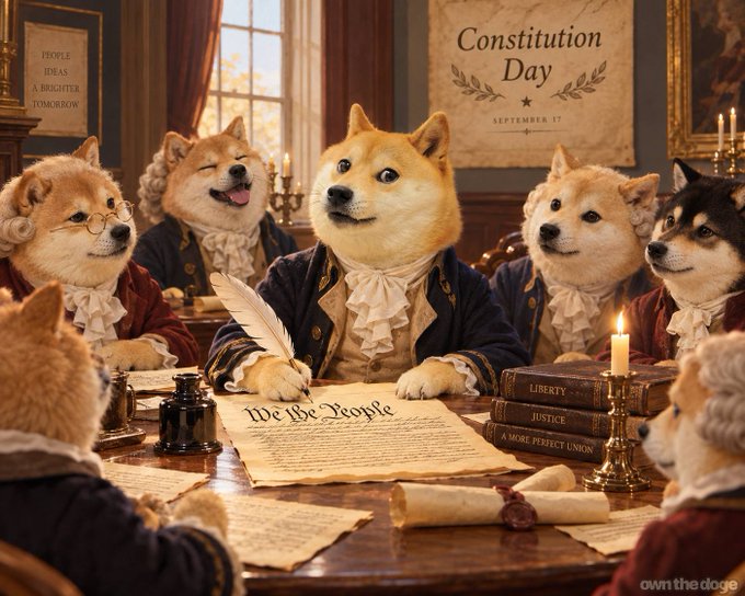 An illustrated scene titled 'Constitution Day - September 17' depicting several Shiba Inu and Husky dogs dressed in colonial-era clothing gathered around a table, with the central dog signing a document labeled 'We the People' beneath a 'LIBERTY, JUSTICE, A MORE PERFECT UNION' sign.