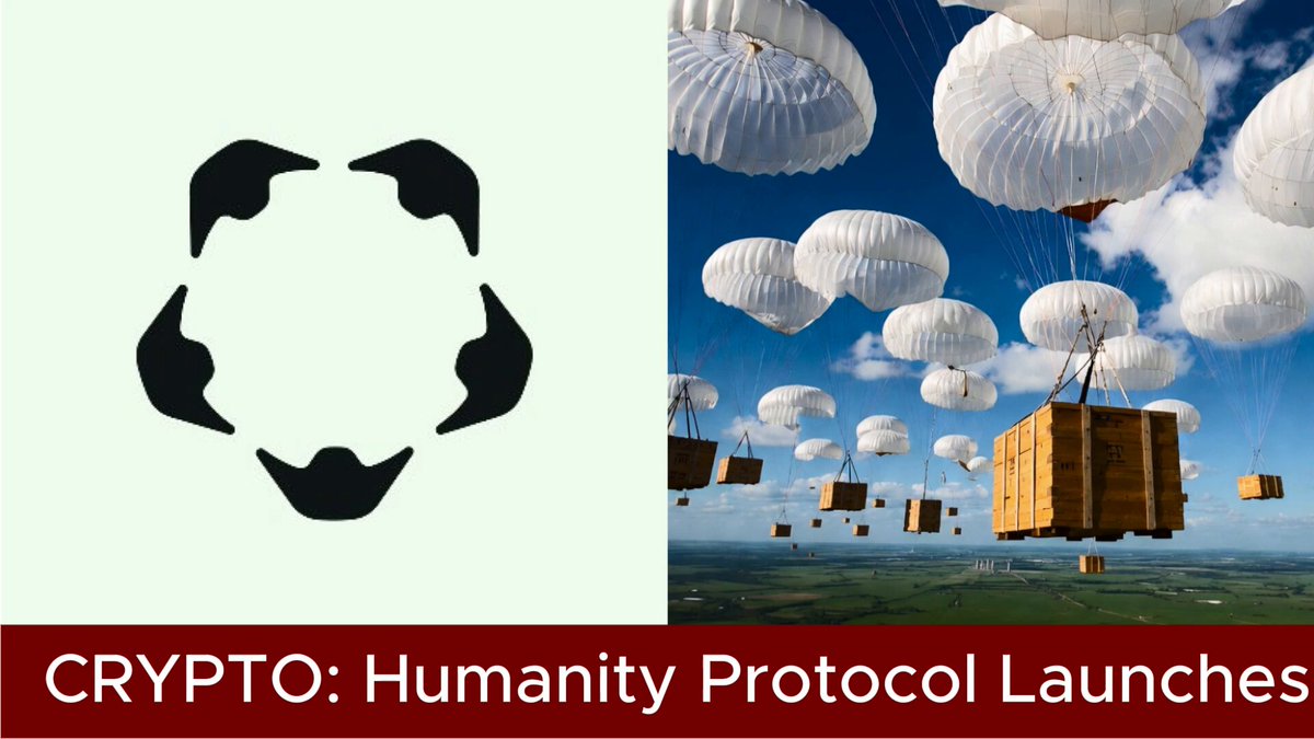 The image shows a banner featuring two photos, one with parachutes flying above an open area and another displaying a large white parachute. The banner also contains text stating that "Humanity Protocol Launches" after a $36M hack has occurred. The text in the middle of the image is titled "CIPT: Humanity Protocol Launches", indicating the theme or purpose behind the cryptocurrency protocol launch.