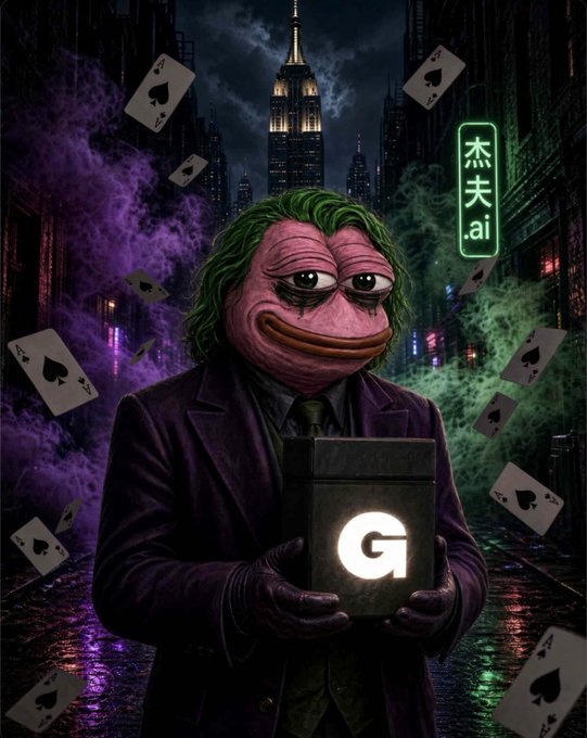 A dark, surreal digital illustration of a green-haired, pink-faced figure in a purple suit holding a glowing 'G' cube, set against a nighttime cityscape with floating playing cards and a '杰夫.ai' (Jeff.ai) sign.