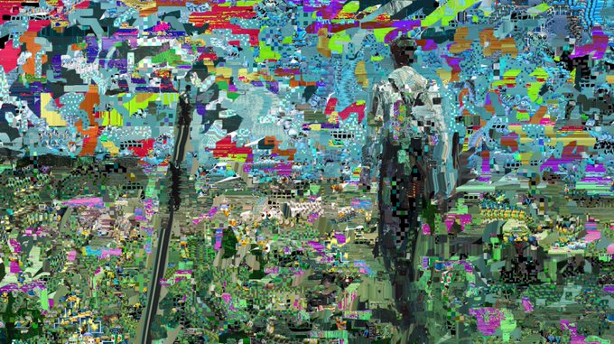 A heavily glitched, pixelated image showing a figure in overalls standing in a field, with distorted colors and visual artifacts obscuring the scene.
