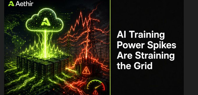 A thumbnail-style graphic with the logo 'Aethir' featuring a glowing green cloud raining digital effects onto server racks amid red energy waves and power line towers, accompanied by the text 'AI Training Power Spikes Are Straining the Grid'.