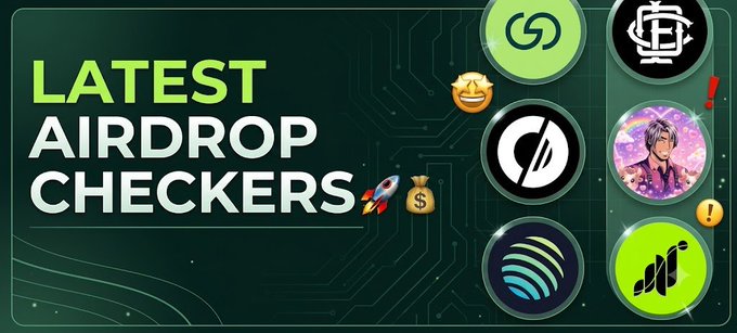 A promotional banner with green circuit board background reads "LATEST AIRDROP CHECKERS" alongside rocket and money bag emojis, featuring logos of crypto projects including Solstice, Jupiter, and GRVT, matching the post's summary of recent airdrop opportunities to register and claim.