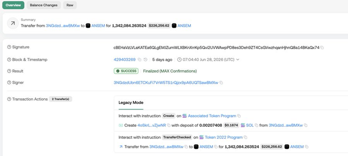 A blockchain transaction confirmation page showing a successful transfer of 1,342,084.263524 $ANSEM tokens between wallets on Solana, with a timestamp of June 28, 2026.