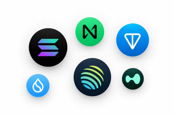 Six circular cryptocurrency logos are displayed on a white background, including recognizable icons for Solana, Near Protocol, Toncoin, Sui, and others.