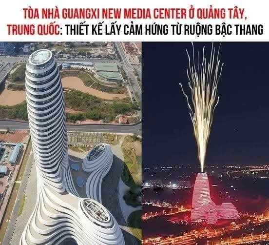 The image shows the Guangxi New Media Center building in Guangxi, China, with text stating "TÒA NHÀ GUANGXI NEW MEDIA CENTER Ở QUẢNG TÂY, TRUNG QUỐC: THIẾT KẾ LẤY CẢM HỨNG TỪ RUỘNG BẬC THANG" (meaning the design is inspired by terraced rice fields), alongside a photo of the building launching fireworks from its top for the first time, matching the post about the building firing fireworks for the first time as end-of-day entertainment.