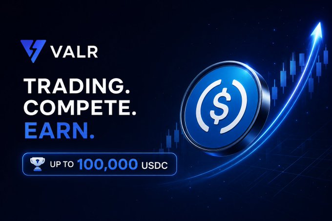 A VALR promotional banner reading 'TRADING. COMPETE. EARN.' featuring a blue USDC coin and a rising candlestick chart, offering 'UP TO 100,000 USDC' in prizes.