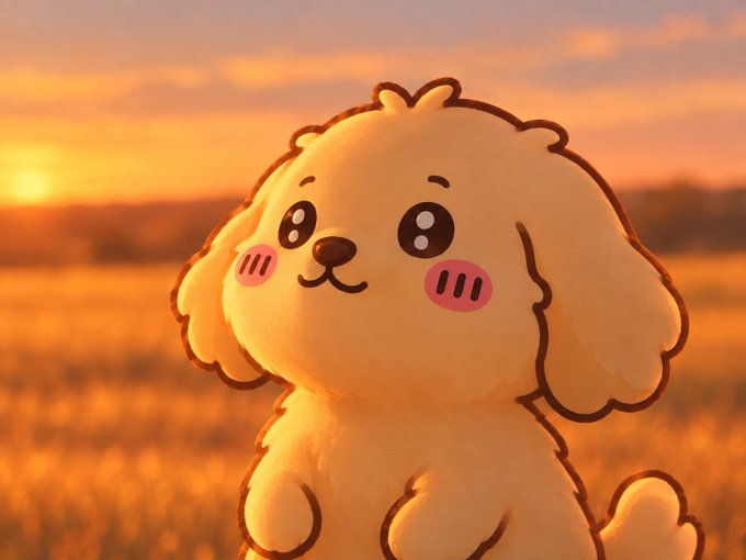 An adorable cartoon puppy with rosy cheeks sits in a golden wheat field at sunset, evoking the warmth and value of gold. The image aligns with the post's promotion of $SCHIFFY, a "gold-backed" dog-themed meme currency, with the sunlit field symbolizing the precious metal backing of the token.