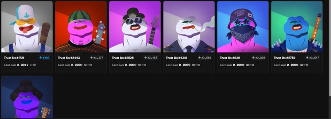 A row of Pudgy Penguins NFT avatars displayed with Trust Us! rankings, Ethereum prices, and last sale prices in WETH.