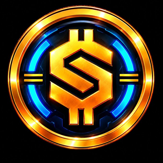 A glowing golden dollar sign coin emblem with blue neon circular accents against a black background.