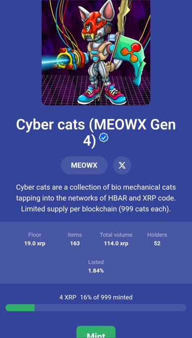 A mobile app screen showing "Cyber cats (MEOWX Gen 4)" NFT collection details, with a floor price of 19.0 XRP, 163 items, 114.0 XRP total volume, and 52 holders, featuring an illustration of a bio-mechanical cat with a rocket.