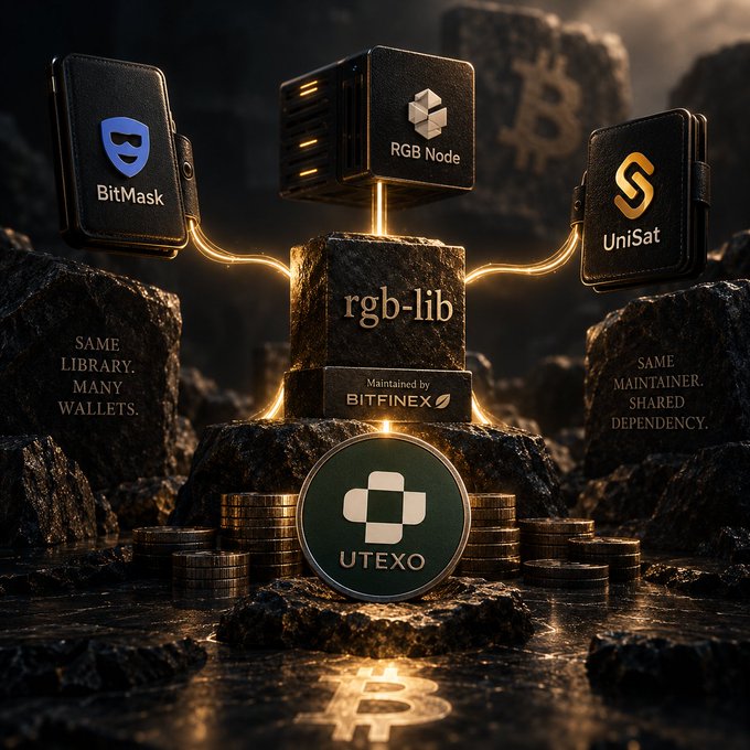 A stylized 3D graphic promoting the 'rgb-lib' library, connecting wallet logos like BitMask, RGB Node, and UniSat with the message 'SAME LIBRARY, MANY WALLETS' and a UTEXO coin.