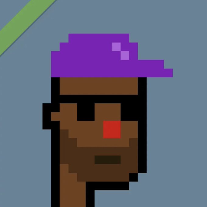 A pixel art character wearing a purple cap and brown clothing with a red eye against a blue background with a green stripe.