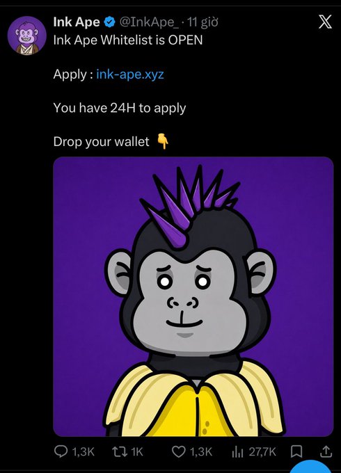 A social media post from "Ink Ape" (@InkApe) announcing that their whitelist is open at "ink-ape.xyz" with 24 hours to apply, featuring a purple and yellow ape character.