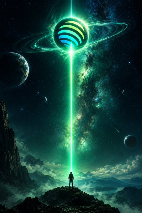 A sci-fi fantasy digital artwork depicting a silhouetted figure standing on a cliff, looking up at a glowing planet emitting a vertical green beam of light against a cosmic backdrop with other planets and a nebula.