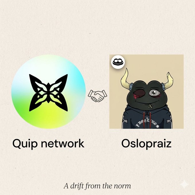 The image features a cartoon illustration of a frog wearing a hoodie, with horns and a face, sitting next to a logo for Quip network that says "Olsopraiz" below it. The text above the frog's head reads "A drift from the norm".