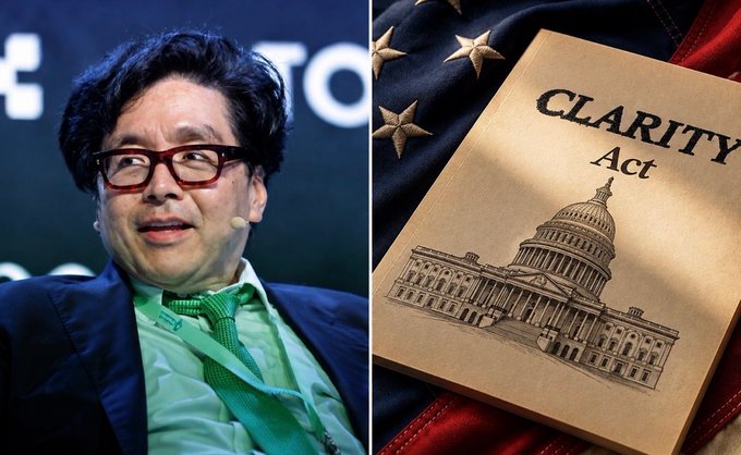 A composite image showing a man with dark hair and glasses on the left, and the cover of the 'CLARITY Act' featuring the U.S. Capitol building on the right, displayed over an American flag.
